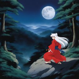 inuyasha battles menacing demons in a serene, moonlit forest. 