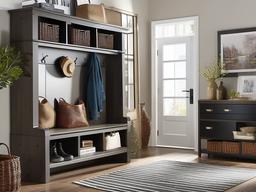 Urban Chic entryway features practical storage solutions, a mix of modern and vintage decor, and an efficient layout that maximizes style and function.  