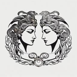 Medusa and Athena Tattoo - Showcase the dynamic relationship between Medusa and Athena with a tattoo that captures their mythical connection.  simple vector color tattoo,minimal,white background