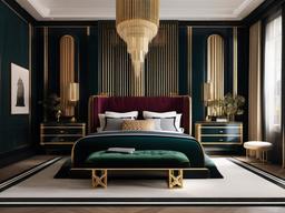 Art Deco bedroom offers a statement of luxury with its bold geometric patterns, polished brass accents, and opulent velvet upholstery, evoking the glamour of the Roaring Twenties.  