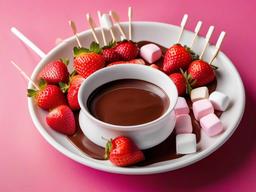 Valentines Day background - Chocolate fondue with strawberries and marshmallows on skewers  aesthetic background wallpaper