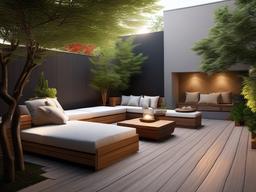 Zen patio promotes tranquility with natural materials, minimalist furniture, and calming colors, providing a peaceful outdoor environment for relaxation.  