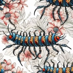 Centipede with floral details ink: Blooms of delicate beauty in insect form.  color tattoo style, white background