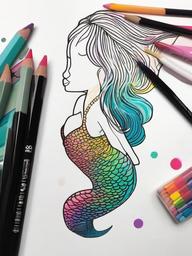 drawing of a colorful mermaid  minimal rough sketch scribbles,doodles,black and white