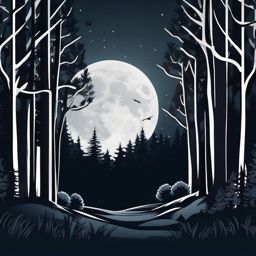 Moonlit Forest Sticker - Forest scene illuminated by moonlight, ,vector color sticker art,minimal