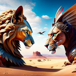 chimera vs sphinx - mythical hybrids challenge each other in a riddle-filled desert, roars and enigmas resounding. 