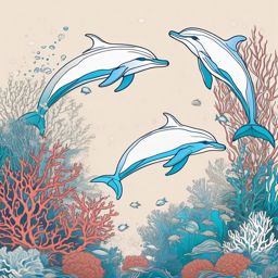 Coral Reef Symphony - Dolphins gracefully navigating a vibrant coral reef in a marine tattoo.  outline color tattoo,minimal,white background