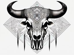 Bull skull with geometric patterns ink. Symmetry in the untamed.  color tattoo design, white background