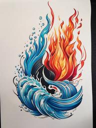 fire and water couple tattoo  simple color tattoo,white background