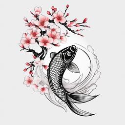 Koi Fish Tattoo with Cherry Blossoms - Elegant and symbolic, showcasing the strength and beauty of koi fish alongside cherry blossoms.  simple color tattoo,white background,minimal