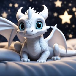 baby white dragon with big eyes laying on a soft bed looking at the stars. 
