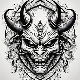 Demon Mask Tattoo-Artistic and bold tattoo featuring a demon mask, perfect for those who appreciate dark and edgy aesthetics.  simple color tattoo,white background