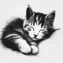 drawing of a cute kitten sleeping  minimal rough sketch scribbles,doodles,black and white