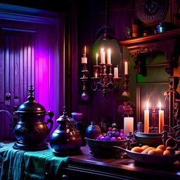 haunted mansion kitchen with antique cooking utensils and eerie, flickering candlelight. 
