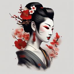 geisha hannya tattoo  simple color tattoo,white background,minimal