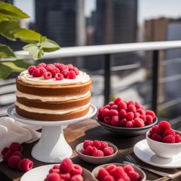 raspberry almond cake with almond buttercream, relished at a chic rooftop brunch. 