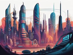 Alien cityscape, featuring futuristic buildings and structures, a glimpse into an extraterrestrial urban landscape.  colored tattoo style, minimalist, white background