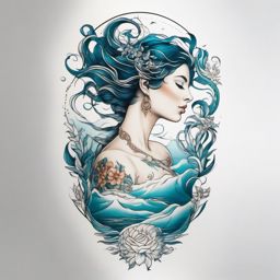 Sea goddess Aphrodite tattoo. Ocean's embrace.  color tattoo minimalist white background