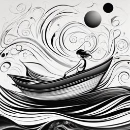 Abstract boat swirls ink. Whimsical dance on the water.  minimalist black white tattoo style