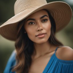 A close-up shot of a woman with a serene expression, wearing a blue sundress and a wide-brimmed hat photograph, portrait style, front facing,centered, highly detailed face, depth of field, extremely detailed, Nikon D850, award winning photography