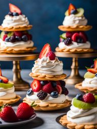 a tower of mini fruit pavlovas, with crisp meringue shells, whipped cream, and fresh fruit. 