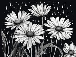 drawing of daisies with raindrops  minimal rough sketch scribbles,doodles,black and white