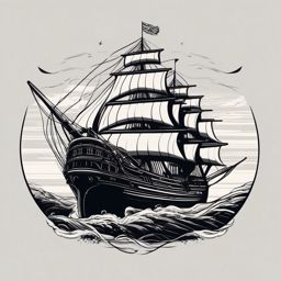 Sailing ship under black flag tattoo. Maritime rebellion.  minimal color tattoo design