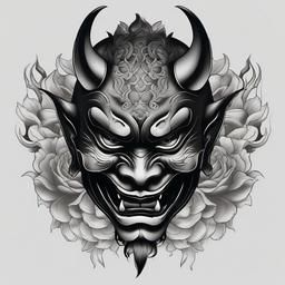 Hannya Mask Black and Grey - A Hannya mask tattoo rendered in black and grey, emphasizing detailed shading and nuance.  simple color tattoo,white background,minimal