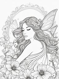 Fairy with Flowers Coloring Pages - Fairy Floating Among Beautiful Blossoms  minimal black outline printable sheet, coloring page