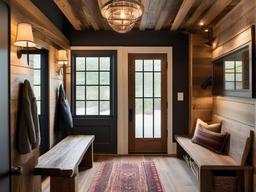 In the entryway, rustic interior design showcases a reclaimed wood bench, hooks for coats, and warm lighting that provide a friendly and inviting welcome to guests.  