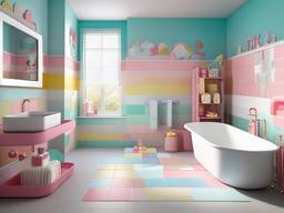 Candy Land bathroom includes pastel-colored tiles, playful wall decals, and candy-shaped bath accessories, transforming the space into a delightful and refreshing retreat.  