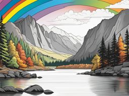 rainbow coloring pages - a rainbow arches over a tranquil lake in a mountain valley. 