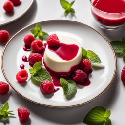 an individual serving of silky panna cotta, topped with a raspberry coulis and fresh mint. 