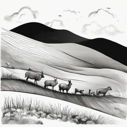 drawing of a hill with animals  minimal rough sketch scribbles,doodles,black and white