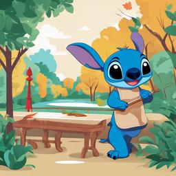 Stitch clipart - Stitch painting a picture in a park  color,minimalist,vector clipart