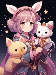 Kawaii magical girl, with a talking animal companion, using her magical staff to protect the world from dark forces.  front facing ,centered portrait shot, cute anime color style, pfp, full face visible