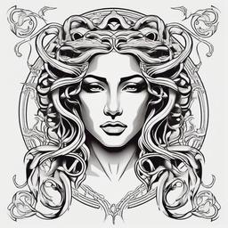 Medusa Line Tattoo - Opt for a clean and defined look with a line tattoo featuring Medusa, showcasing the outlines and details of this mythical figure.  simple vector color tattoo,minimal,white background