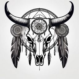Bull skull with feathers and dreamcatcher tattoo. Native American fusion.  minimalist black white tattoo style