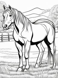 Farm Animal Coloring Pages - Horse with a braided mane in the pasture  simple coloring pages