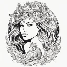 Mermaid Goddess Tattoo - Capture divine beauty with a tattoo featuring a mermaid in a goddess-like form.  simple vector color tattoo,minimal,white background