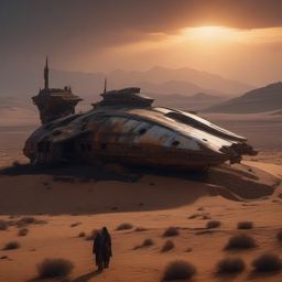 In a post-apocalyptic desert, nomadic tribe worships the ancient remnants of a crashed spaceship.  8k, hyper realistic, cinematic