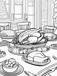 turkey coloring pages - turkeys gather for a grand feast in a festive thanksgiving scene. 