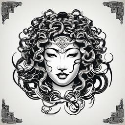 Japanese Medusa Tattoo - Fuse Japanese tattoo aesthetics with the mythical charm of Medusa for a unique and culturally inspired design.  simple vector color tattoo,minimal,white background