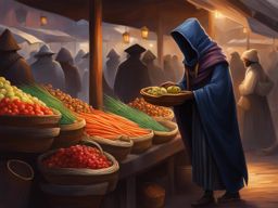 enigmatic kenku thief in a crowded market - paint an enigmatic kenku thief blending into a crowded market, skillfully pickpocketing. 