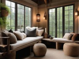 A sunroom with Wabi Sabi interior design highlights comfortable seating, natural textures, and a warm ambiance that allows you to enjoy the outdoors in style.  