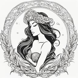 Feminine Goddess Mermaid Tattoo - Combine feminine charm with divine essence in a goddess mermaid tattoo.  simple vector color tattoo,minimal,white background