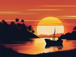 Fishing Boat at Sunset Clipart - A fishing boat on the water at sunset.  color vector clipart, minimal style