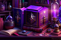 wizard's study with spell books and magical artifacts. 