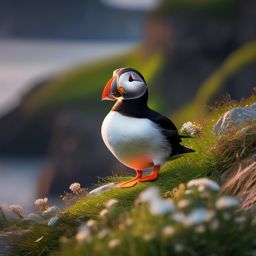 Cute Puffin Nesting on a Rocky Shore 8k, cinematic, vivid colors