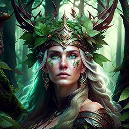 elven warrior queen with a crown of intertwined branches, leading her forest kingdom. 